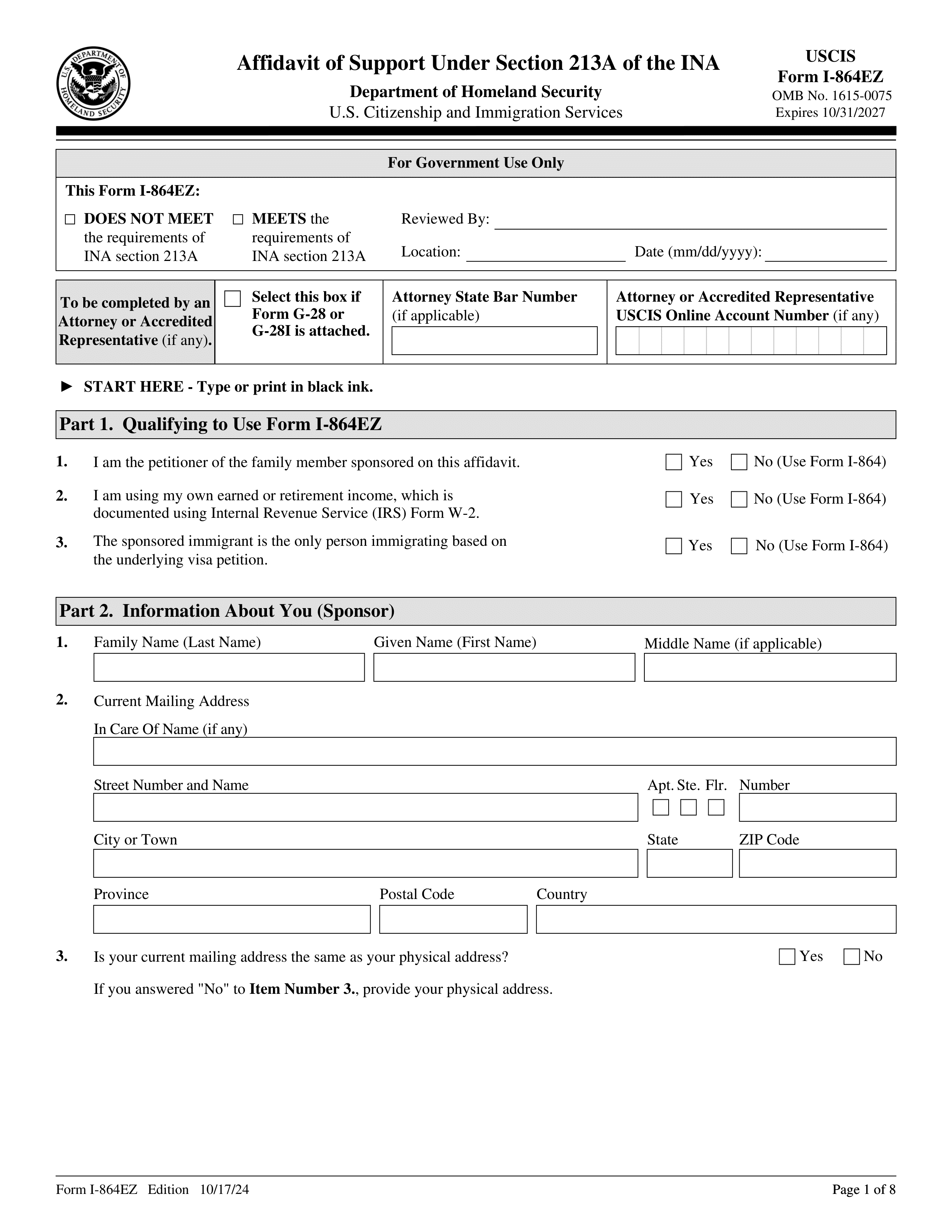 Form I 864EZ 2023 2024 Fill Forms Online PDF Guru