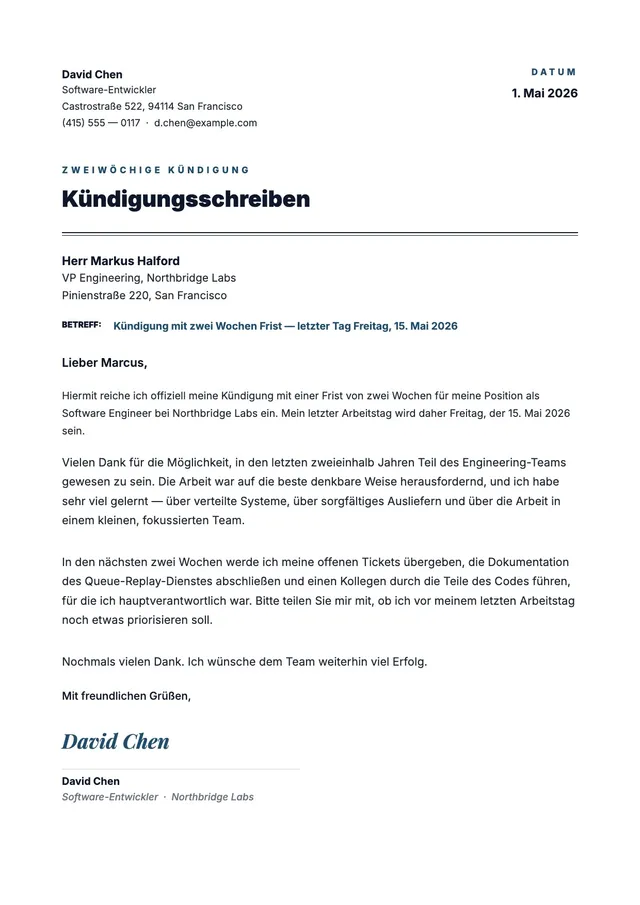 Kündigungsschreiben mit 2 Wochen Frist
