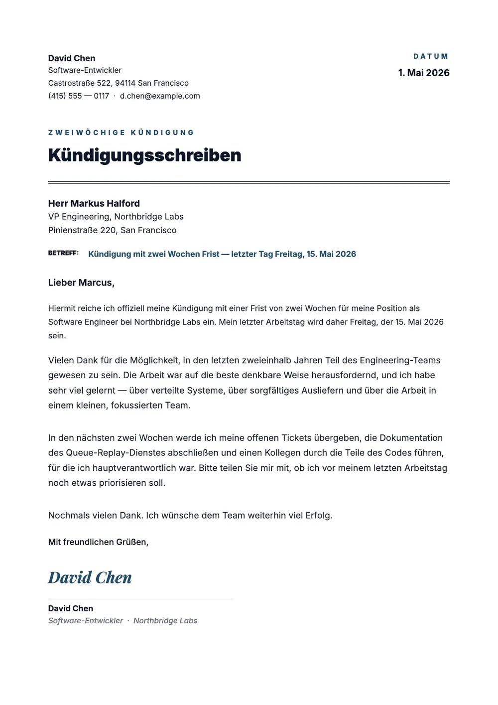 Kündigungsschreiben mit 2 Wochen Frist