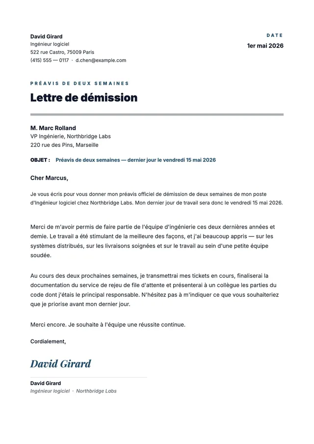 Lettre de démission avec préavis de 2 semaines