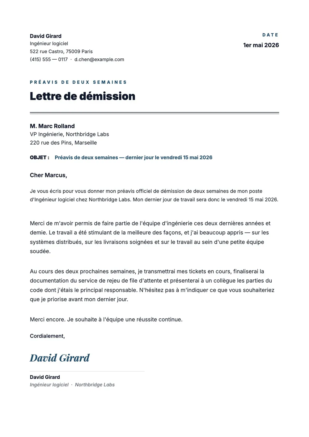 Lettre de démission avec préavis de 2 semaines