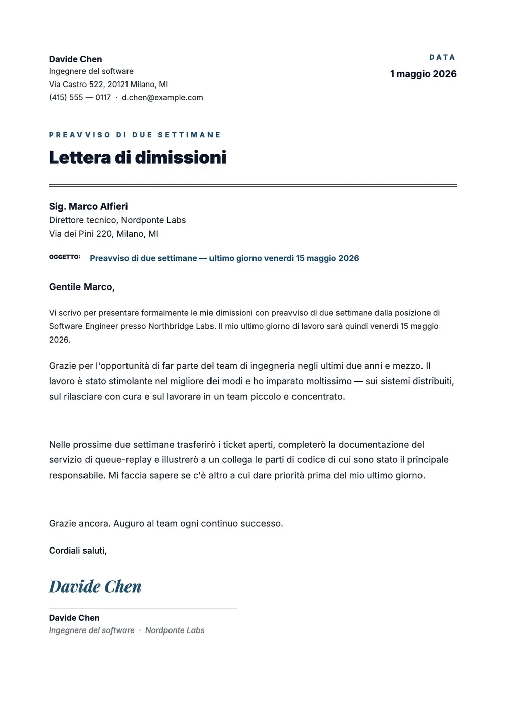 Lettera di dimissioni con preavviso di 2 settimane