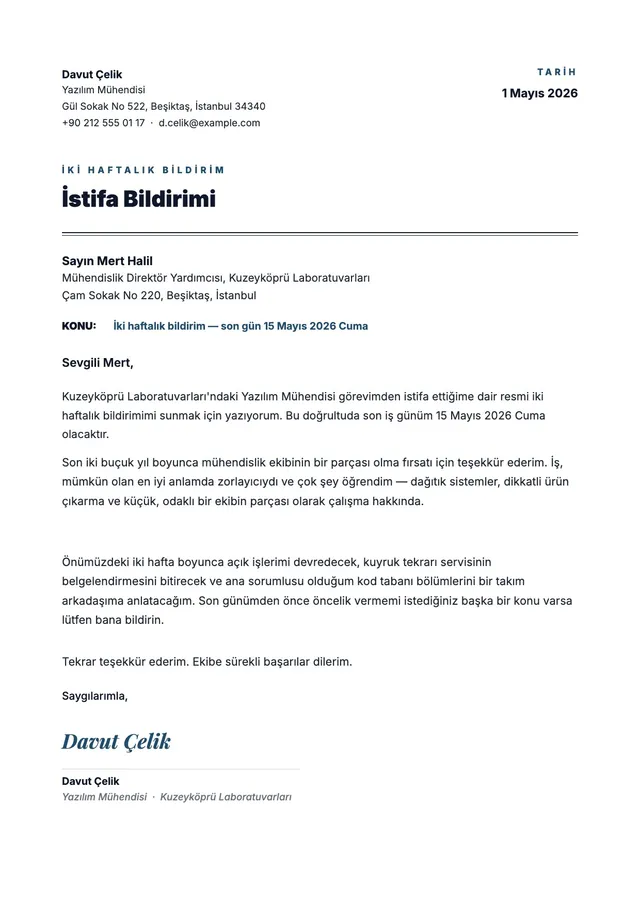 2 haftalık istifa dilekçesi