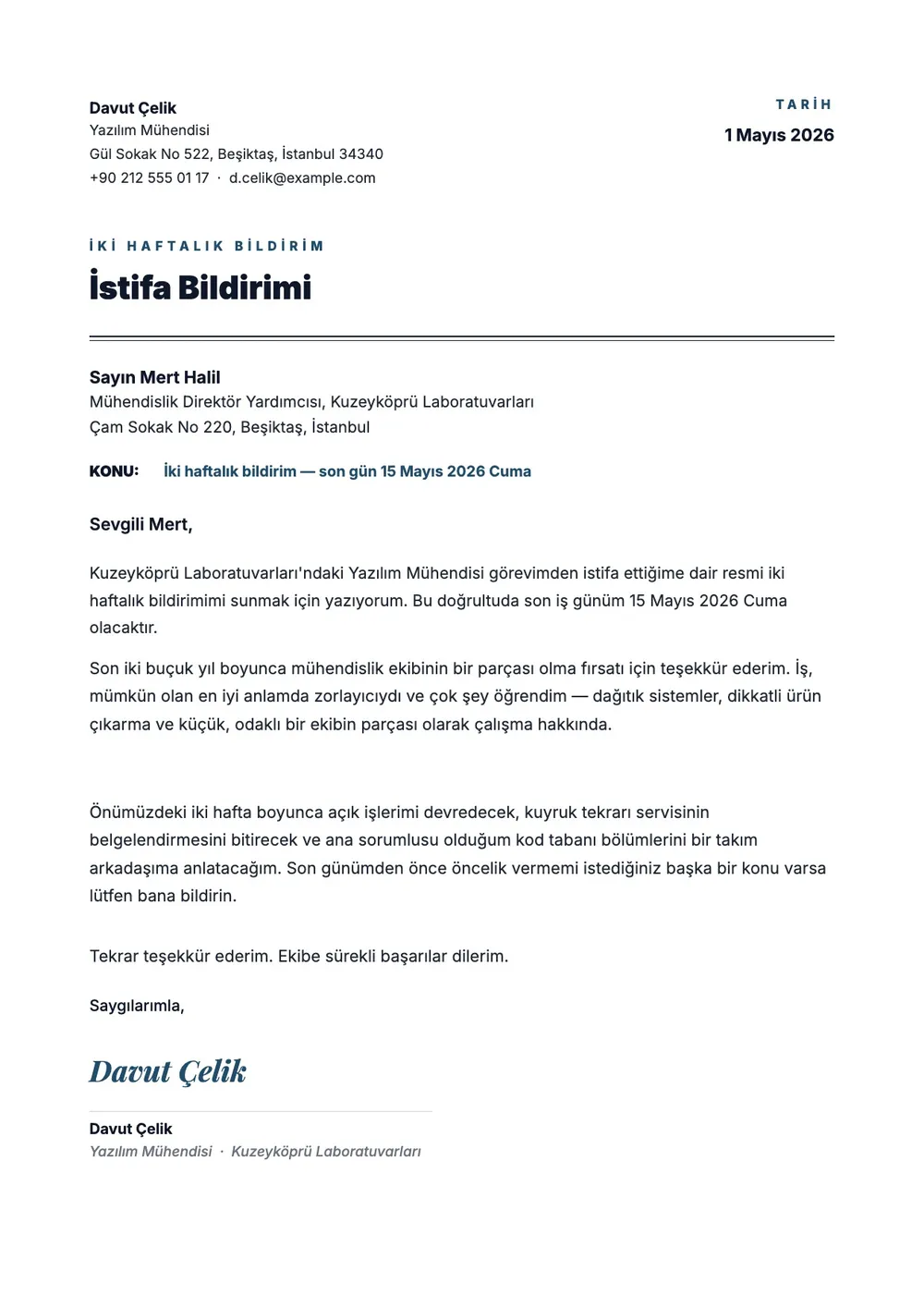 2 haftalık istifa dilekçesi