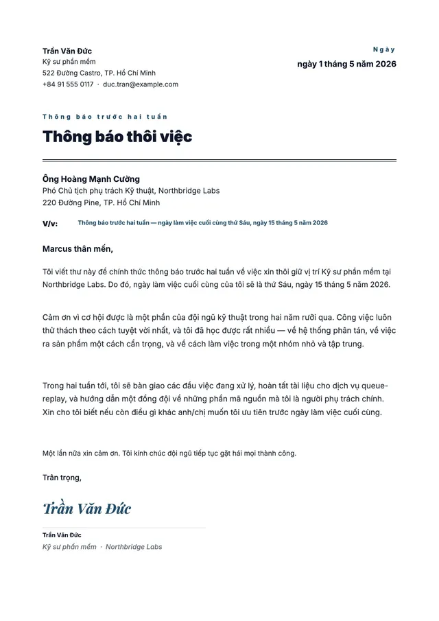 Mẫu đơn xin nghỉ việc báo trước 2 tuần