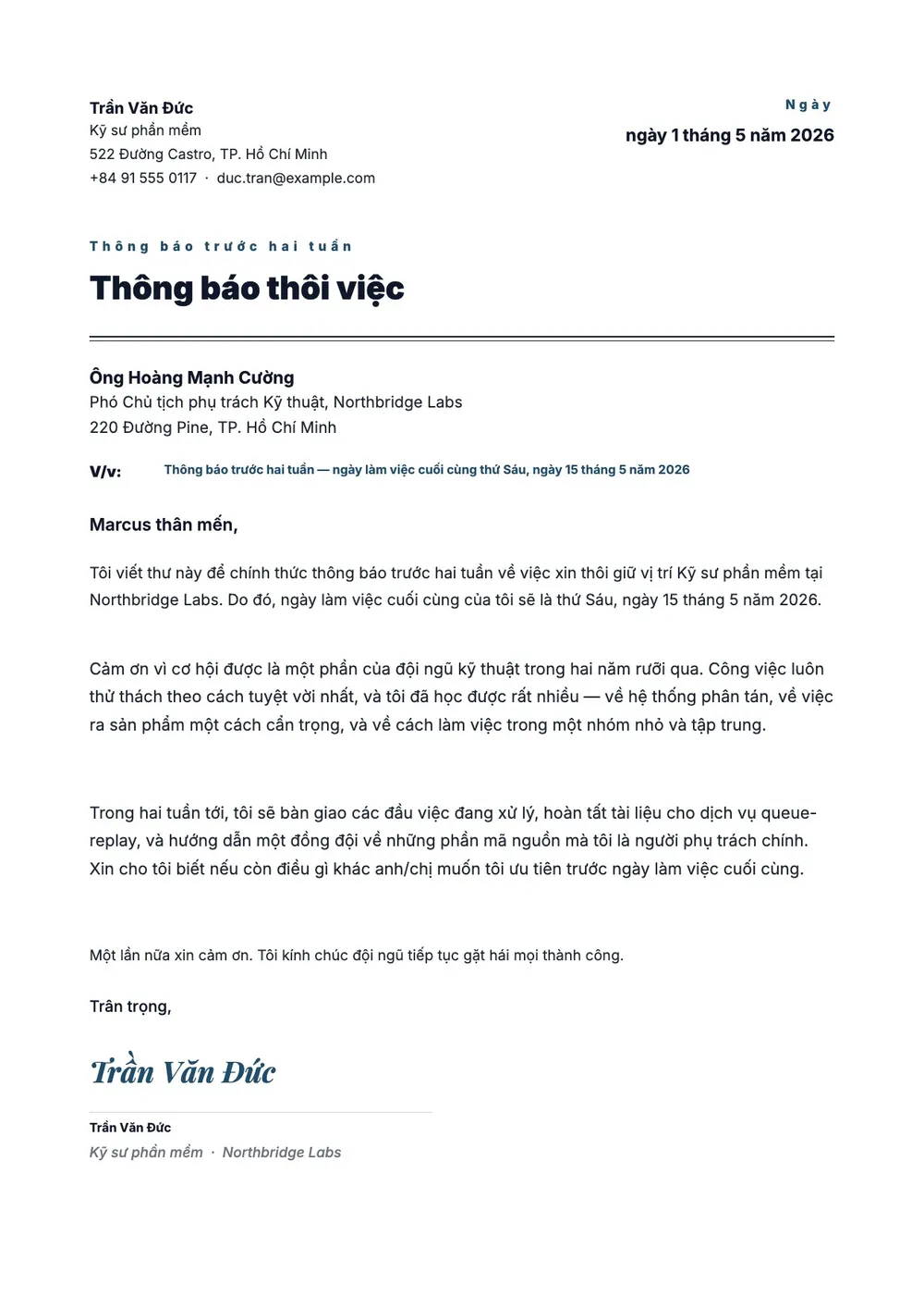 Mẫu đơn xin nghỉ việc báo trước 2 tuần