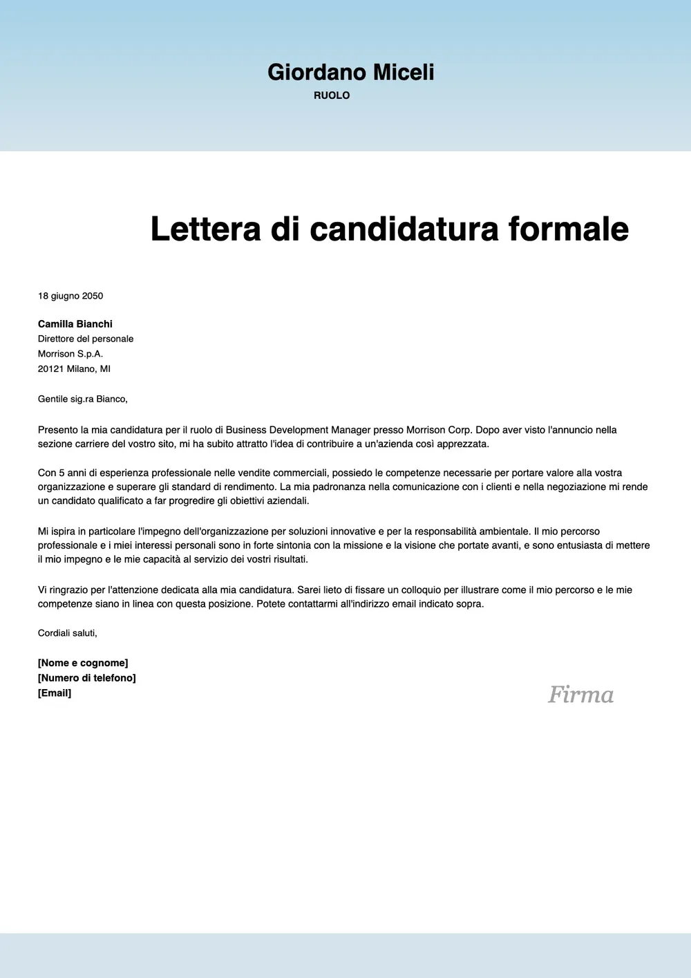 Modello di lettera di candidatura