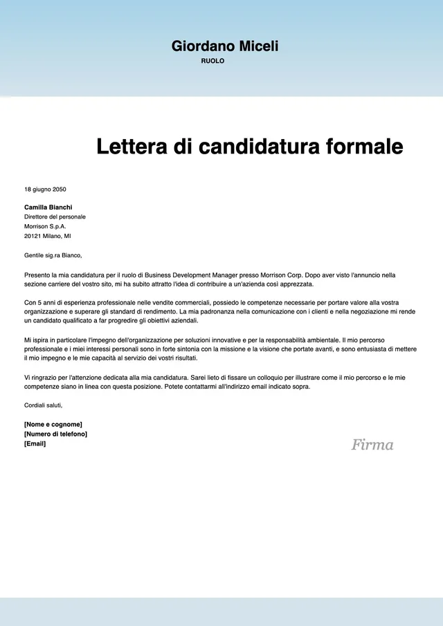 Modello di lettera di candidatura