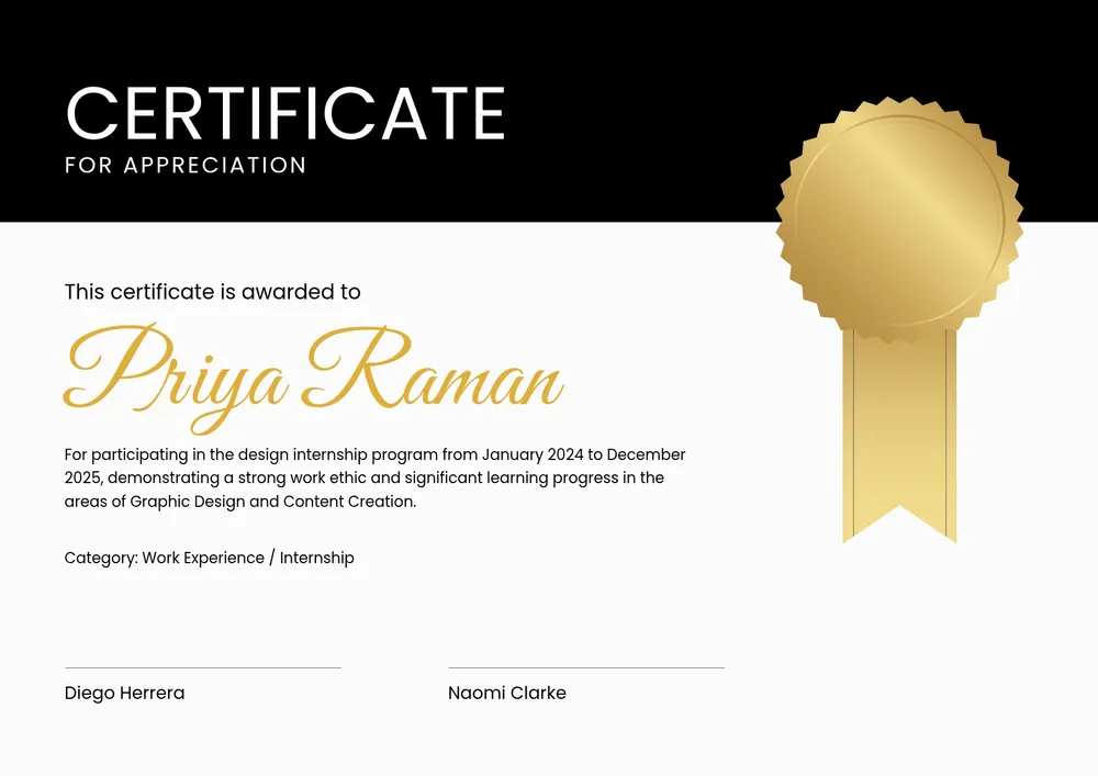 appreciation internship certificate template
