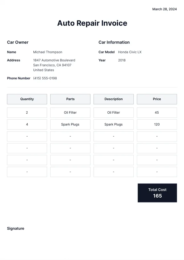 auto-repair-invoice form