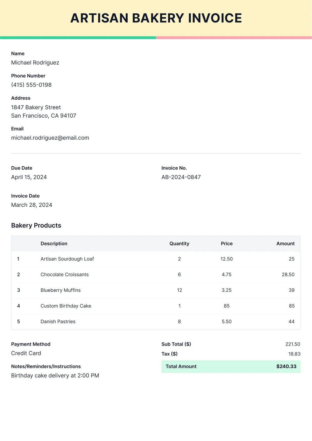 bakery invoice template