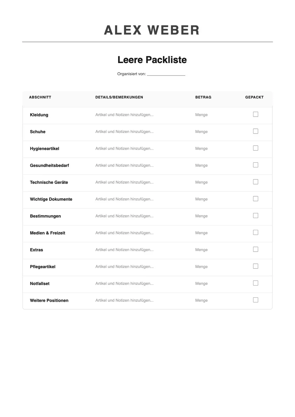 Vorlage für leere Checkliste