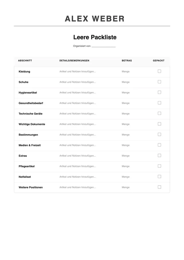 Vorlage für leere Checkliste