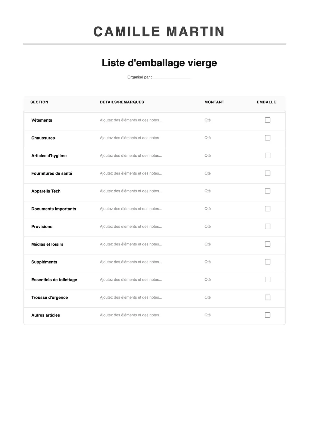 Modèle de check-list vierge