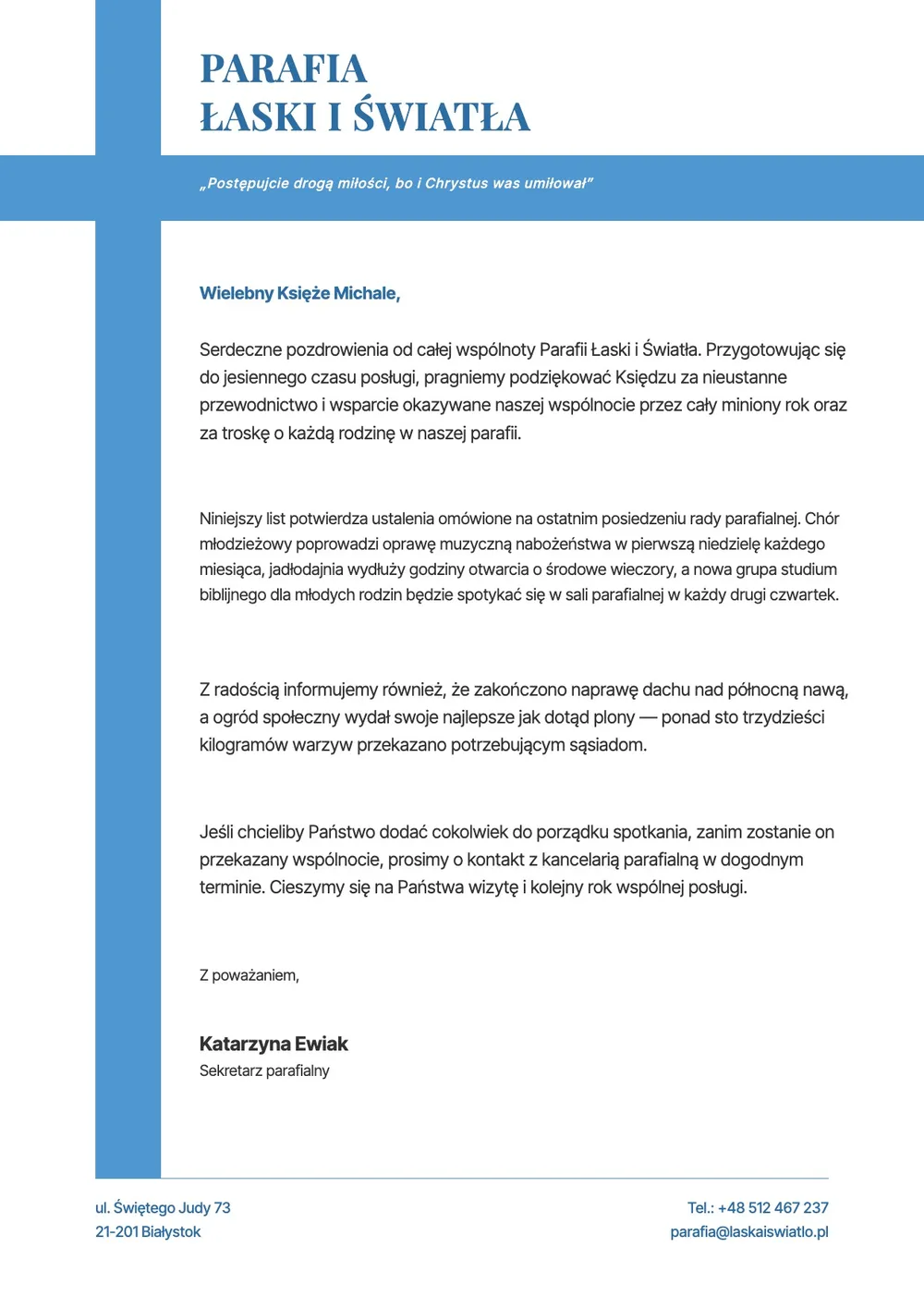 Niebieski papier firmowy dla kościoła – szablon