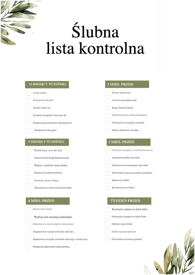 Botaniczna ślubna lista kontrolna