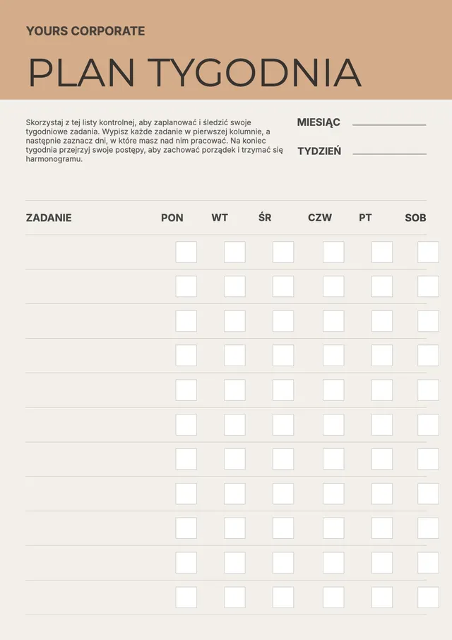 Brązowa tygodniowa lista kontrolna