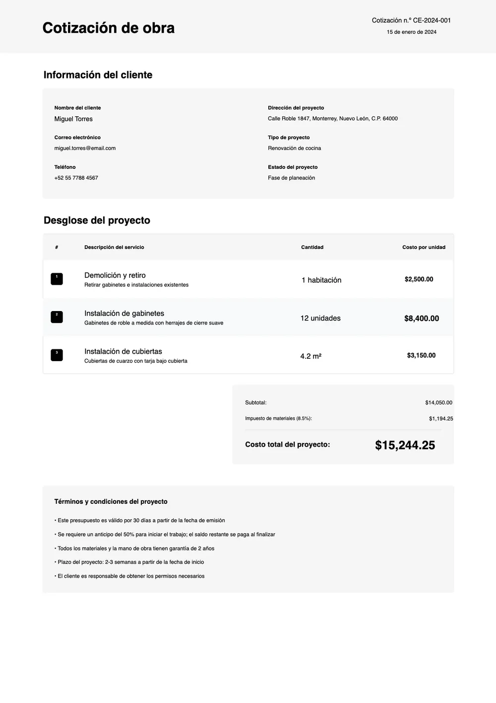 Plantilla de cotización de construcción