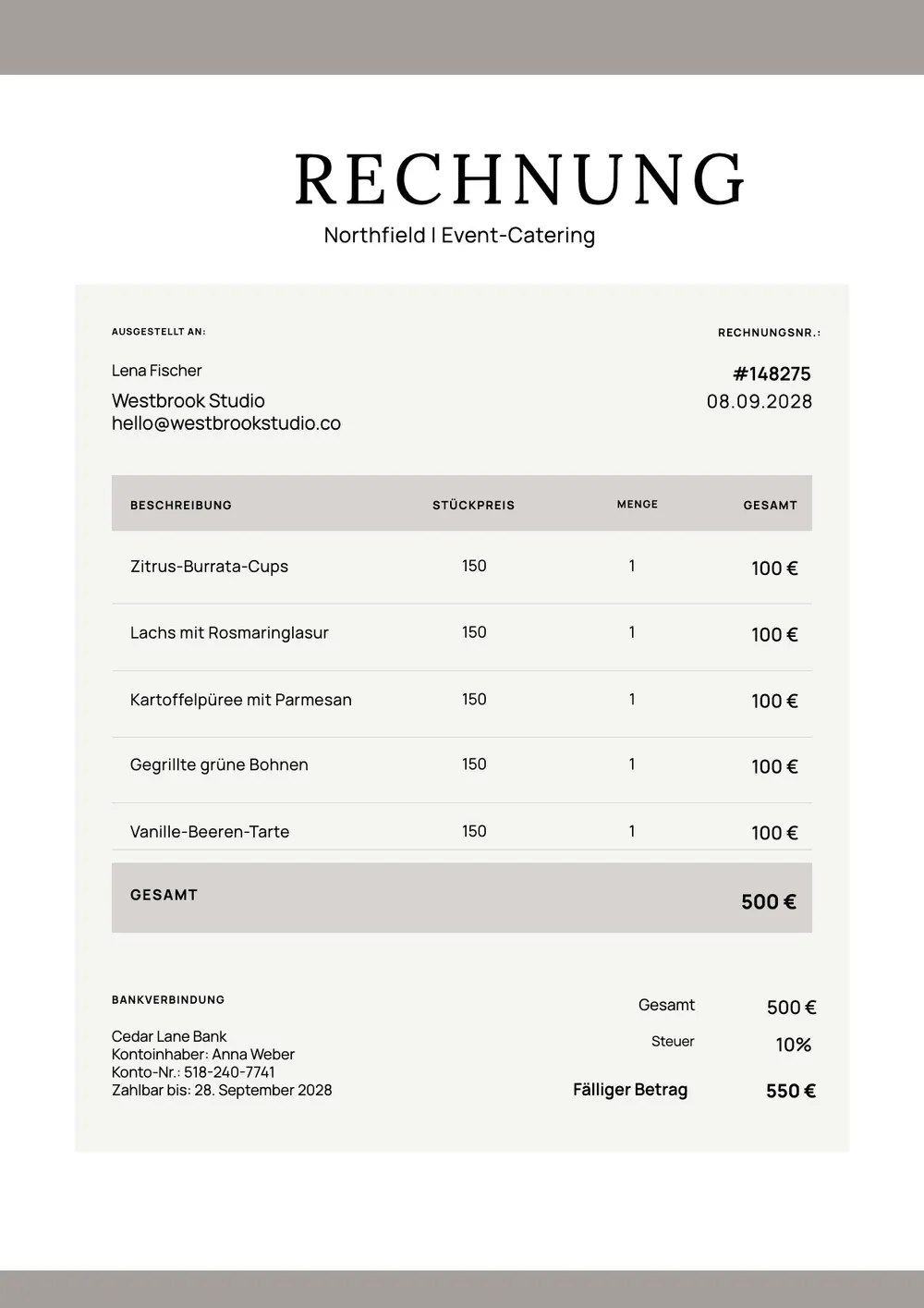 Vorlage für Catering-Rechnung