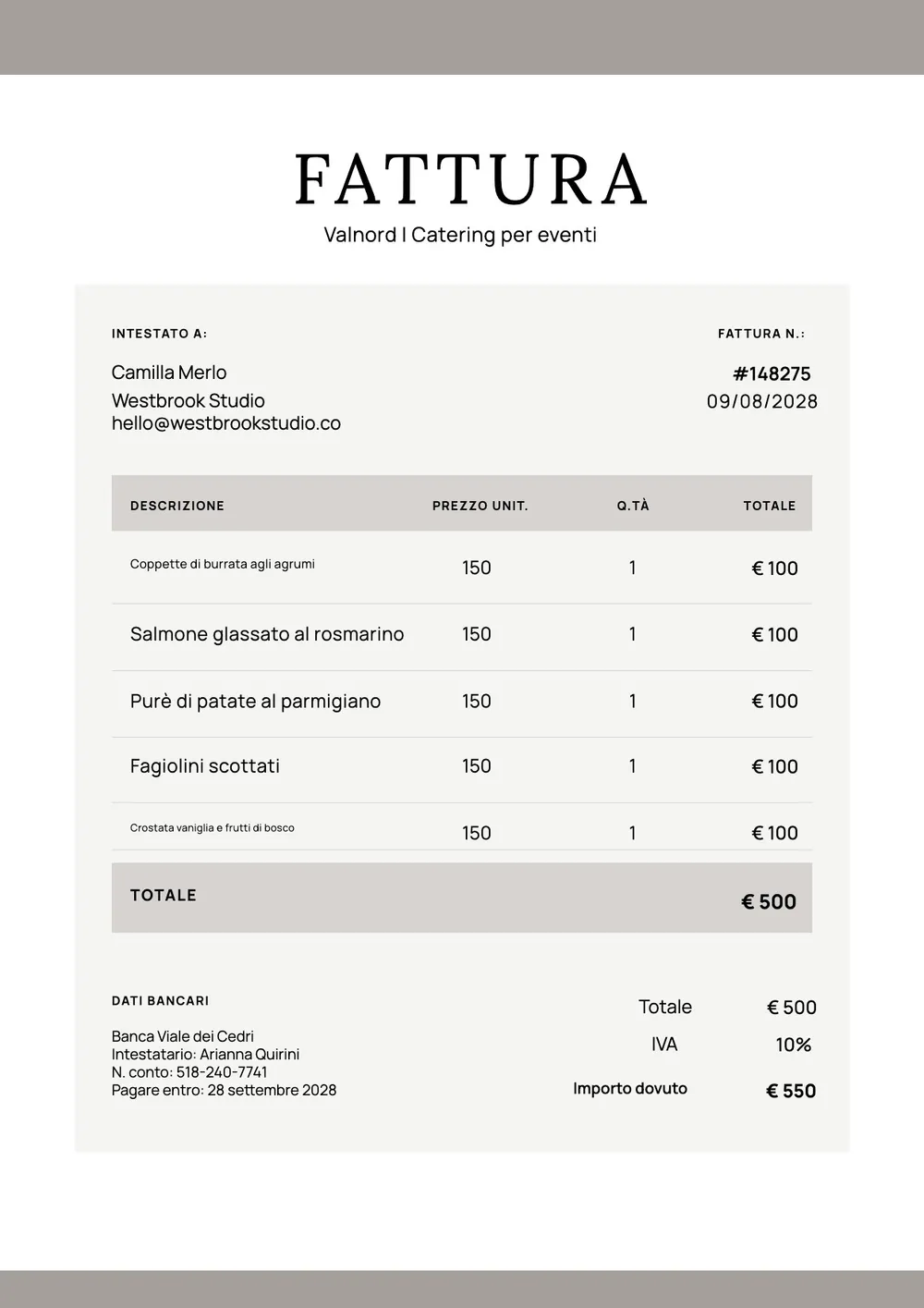 Modello di fattura per catering