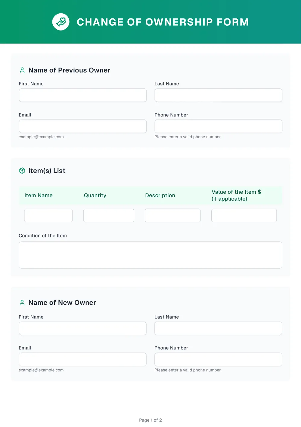 change of ownership form template