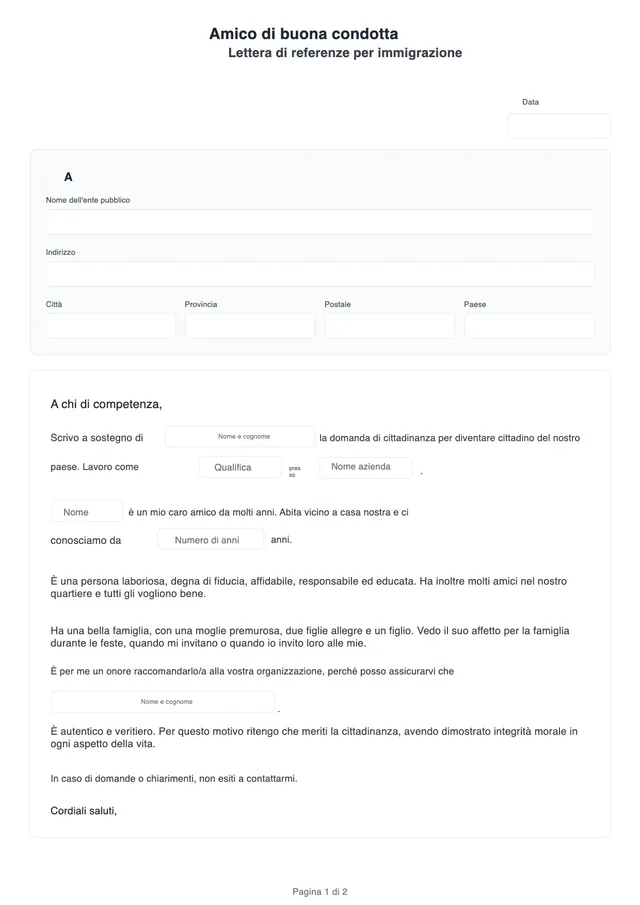Lettera di referenze per immigrazione