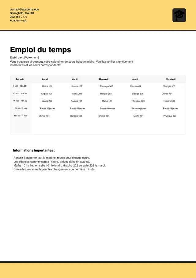 Modèle d'emploi du temps de cours