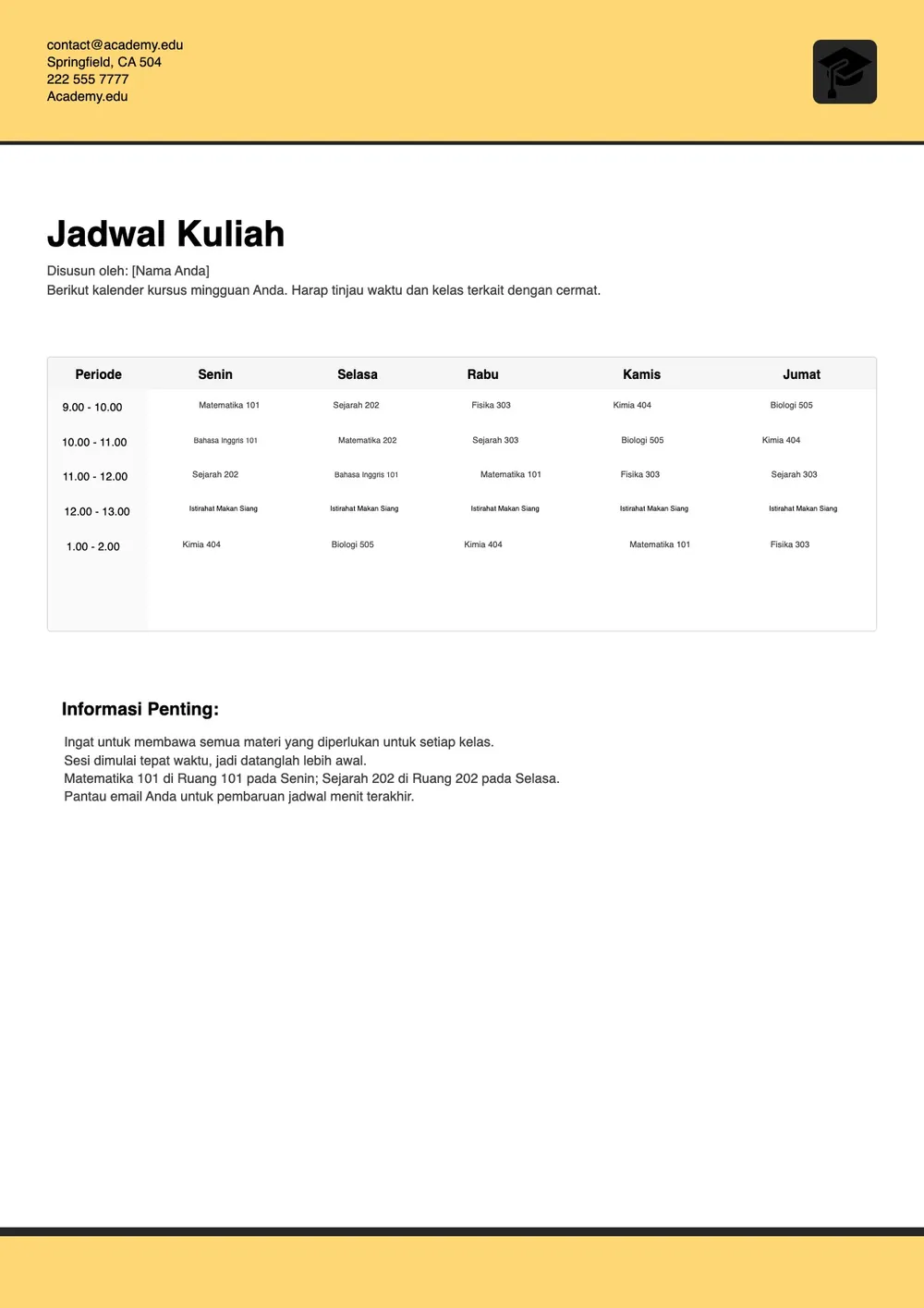 Templat Jadwal Pelajaran
