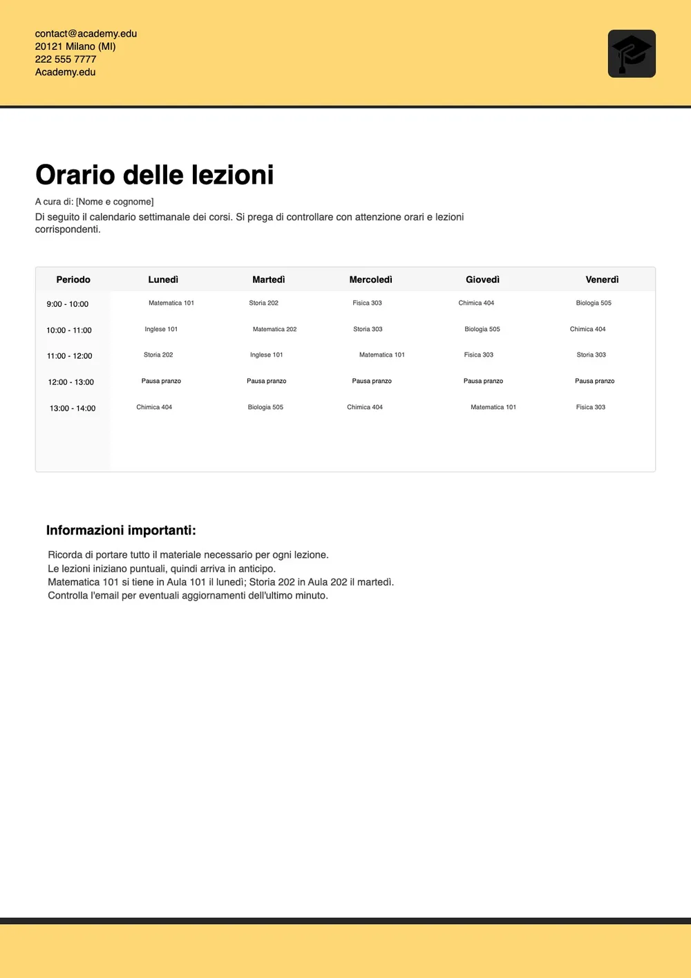 Modello di orario delle lezioni