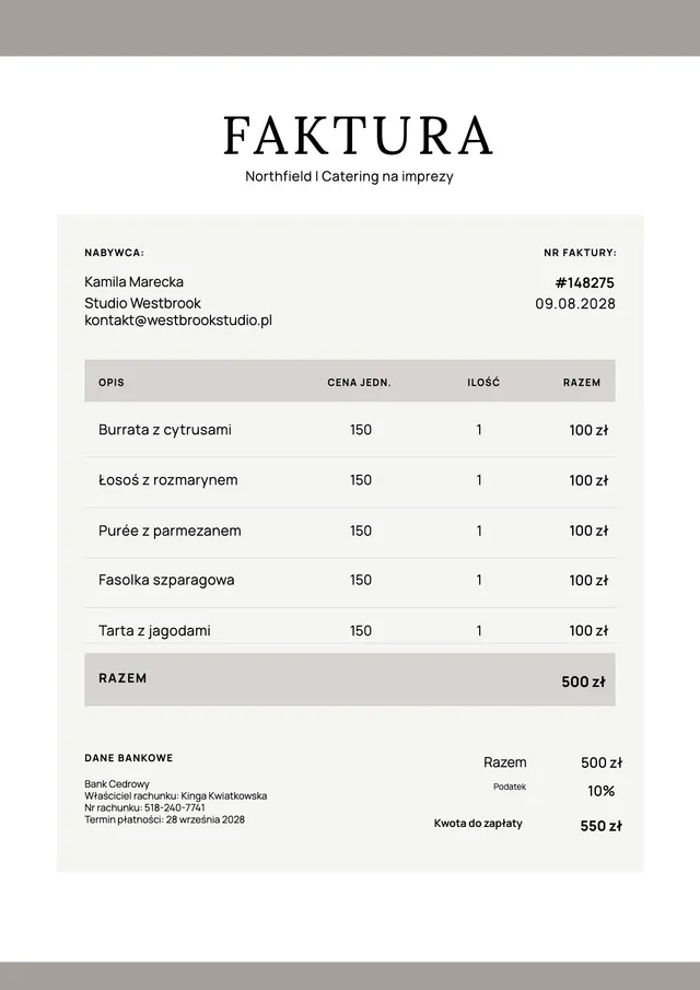 Klasyczna faktura cateringowa
