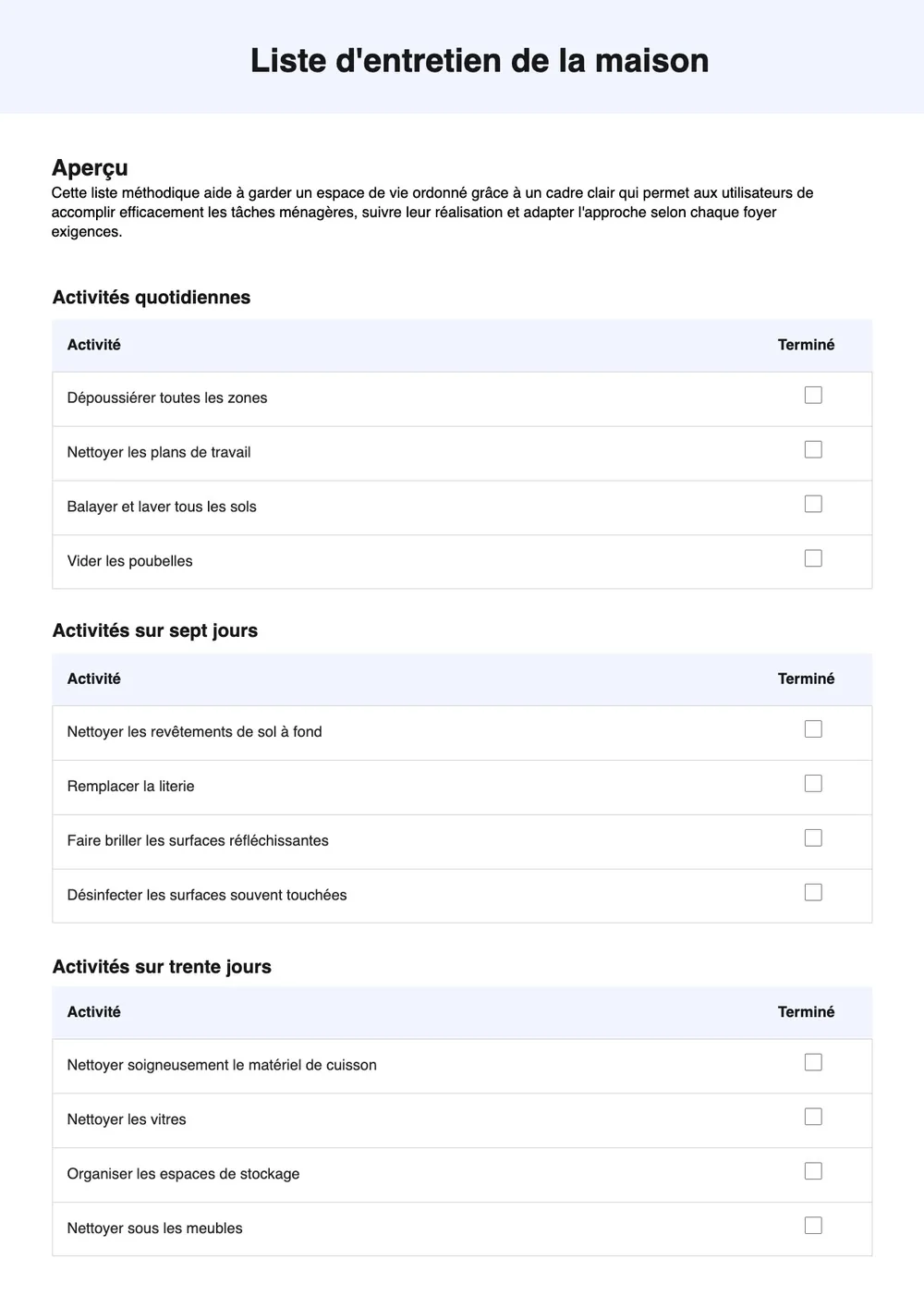 Modèle de check-list de ménage
