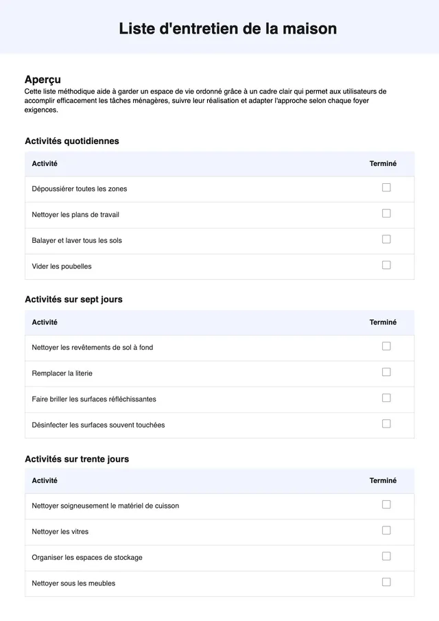 Modèle de check-list de ménage