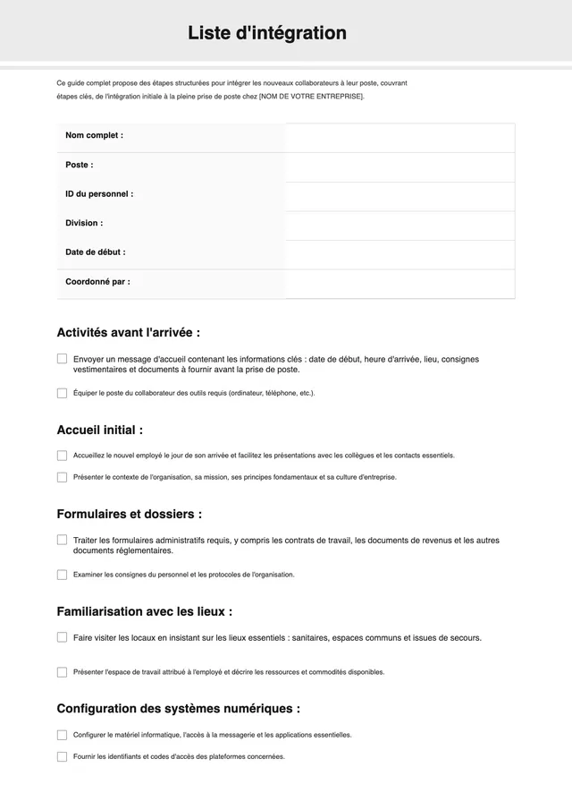 Modèle de check-list d'intégration client