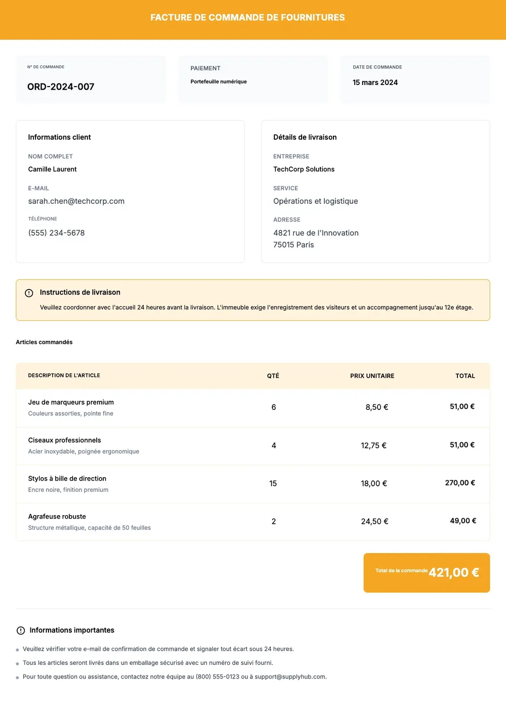 Modèle de facture de commande de fournitures