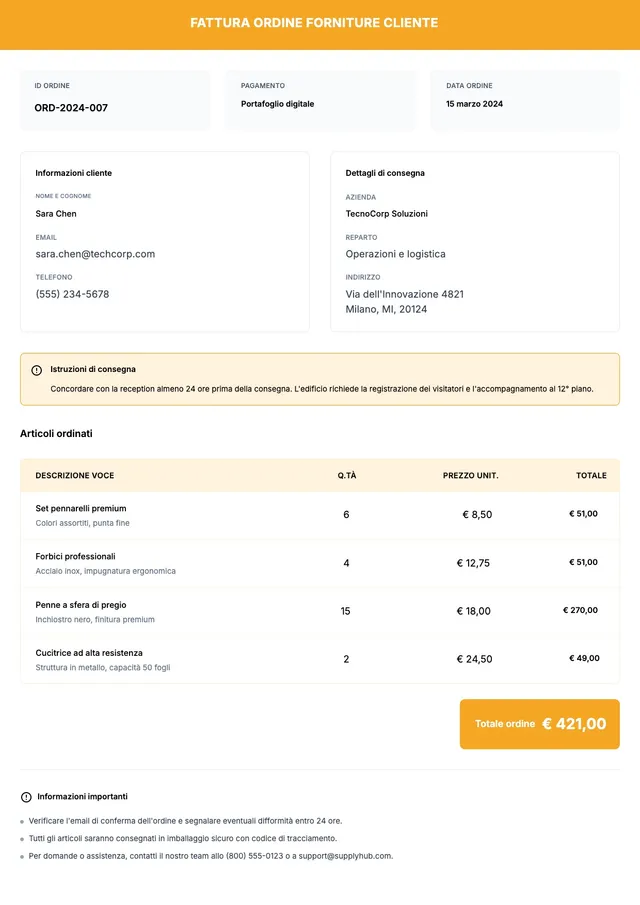 Modello di fattura per ordini di fornitura clienti