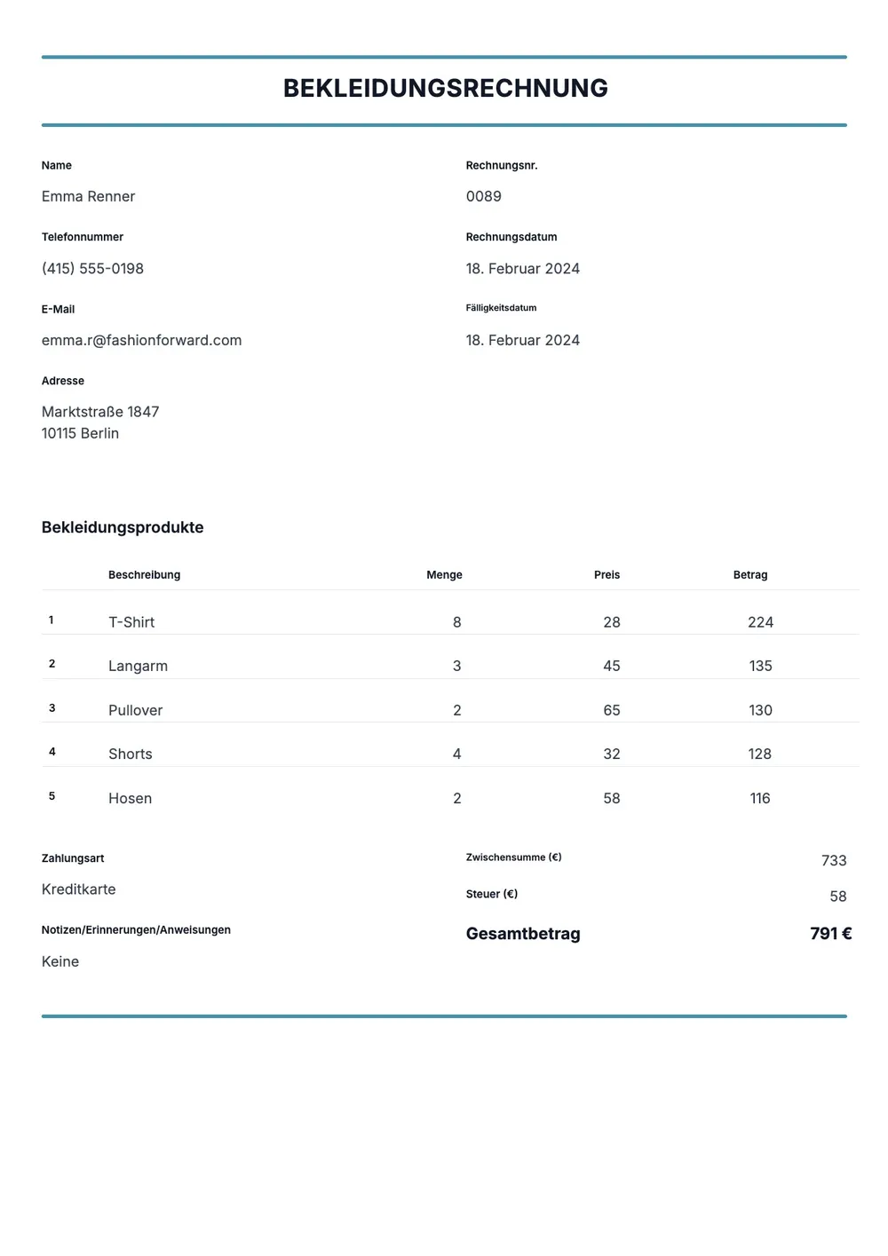 Bekleidungsrechnung