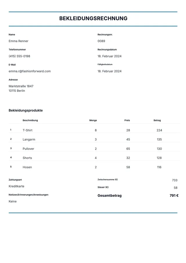 Bekleidungsrechnung