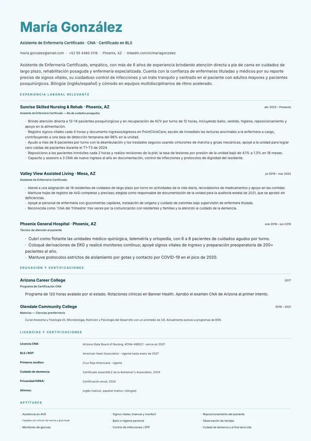 Currículum de auxiliar de enfermería CNA