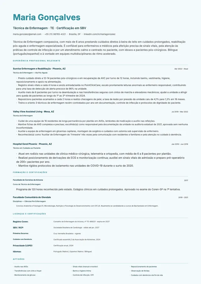 Modelo de currículo para auxiliar de enfermagem (CNA)
