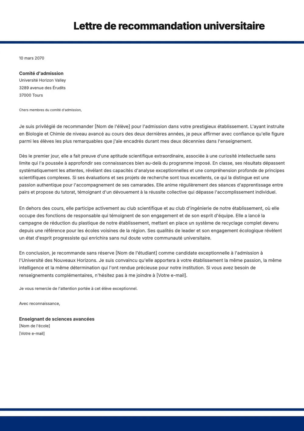 Modèle de lettre de recommandation universitaire