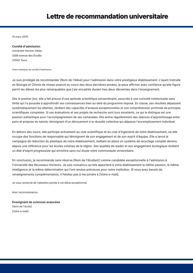 Modèle de lettre de recommandation universitaire