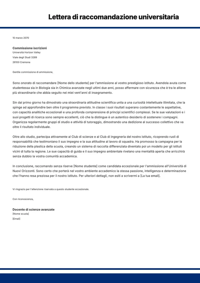 Modello di lettera di raccomandazione per l'università