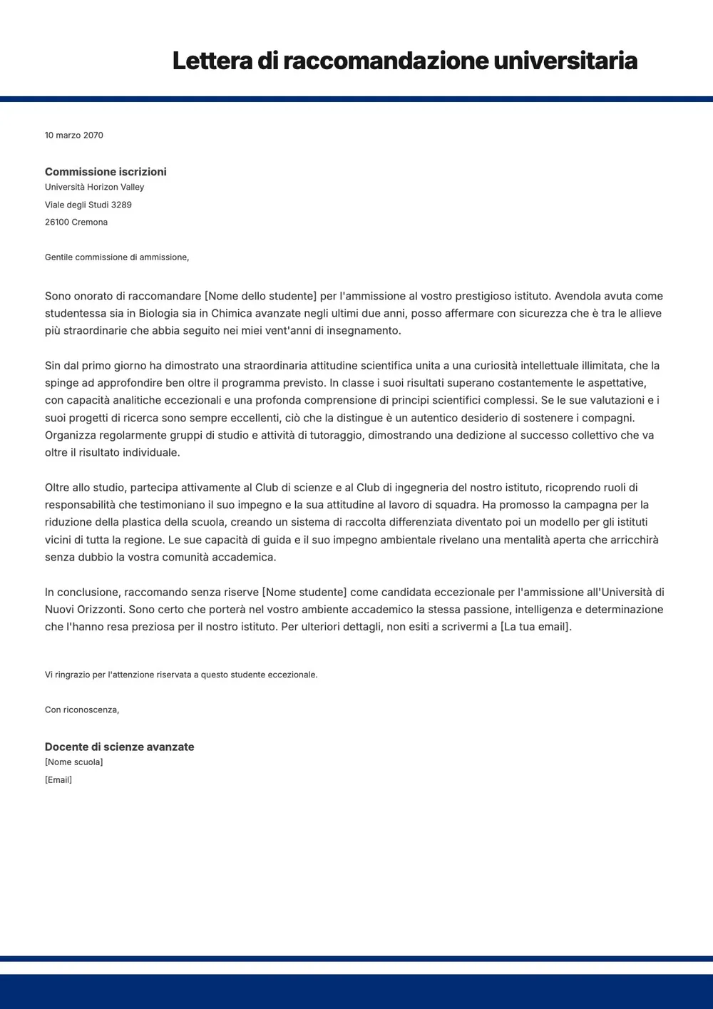 Modello di lettera di raccomandazione per l'università