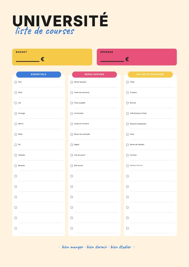 Liste de courses étudiant
