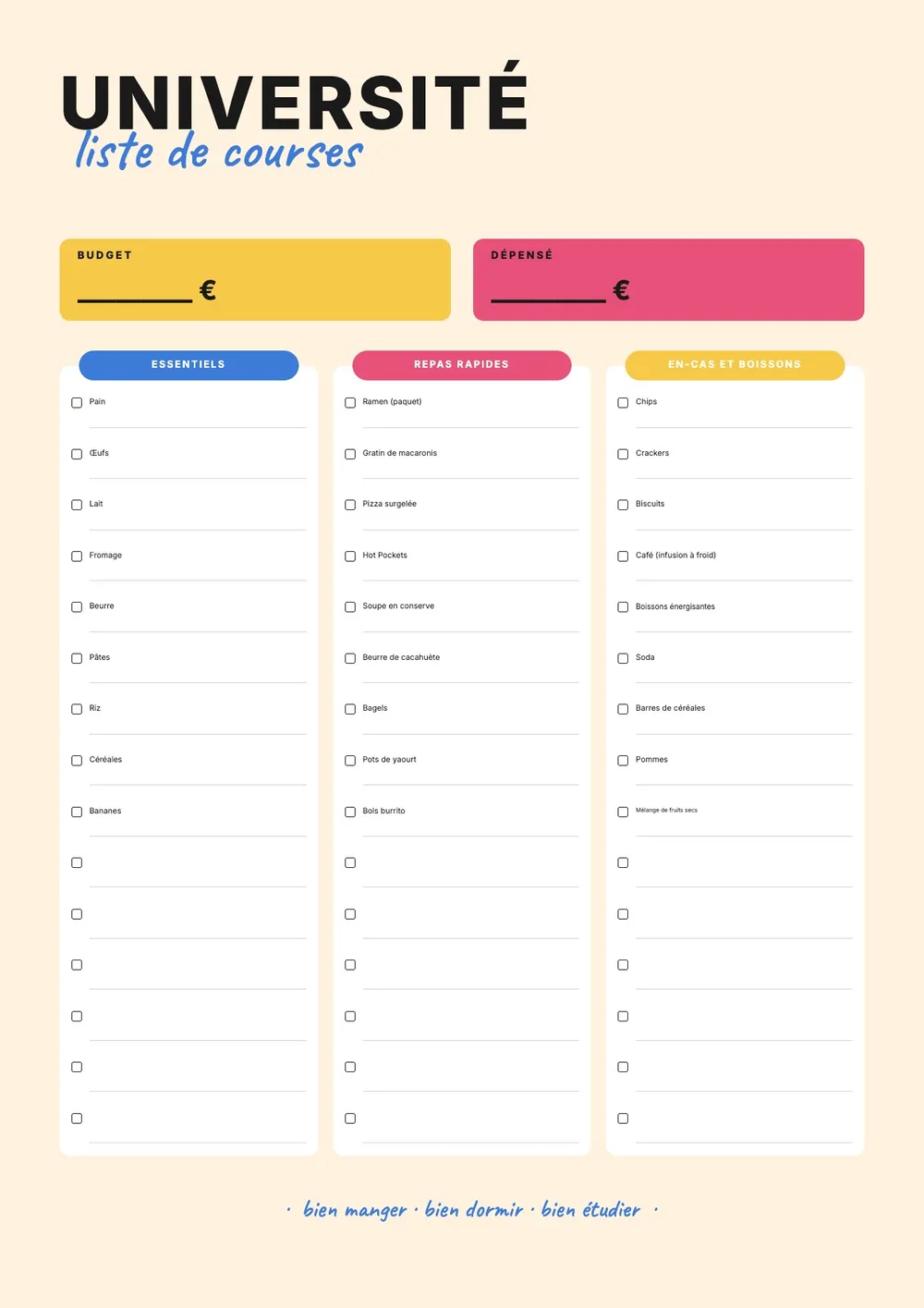 Liste de courses étudiant