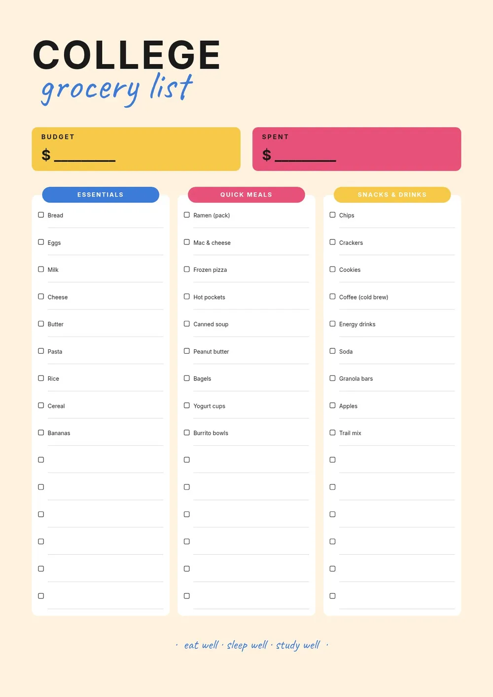 college-student-grocery-list form