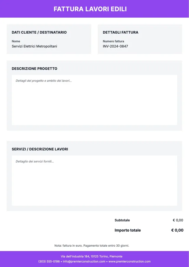 Modello di fattura per edilizia