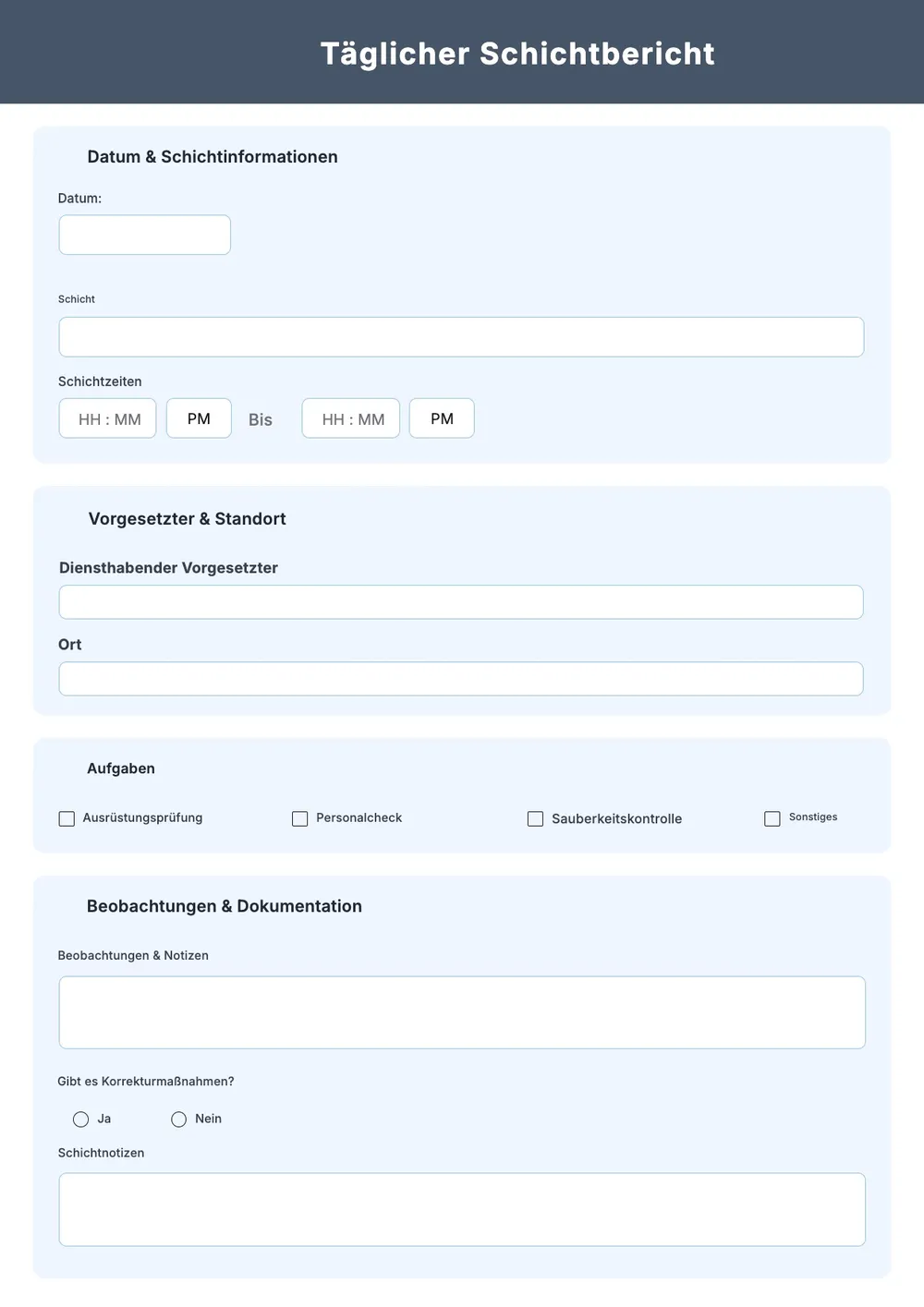 Formular für den täglichen Schichtbericht