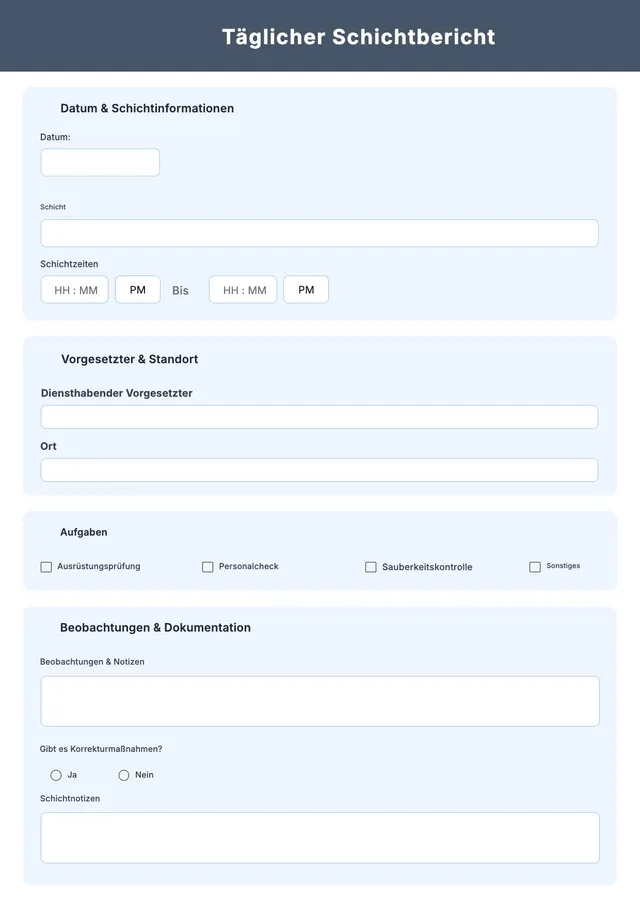 Formular für den täglichen Schichtbericht