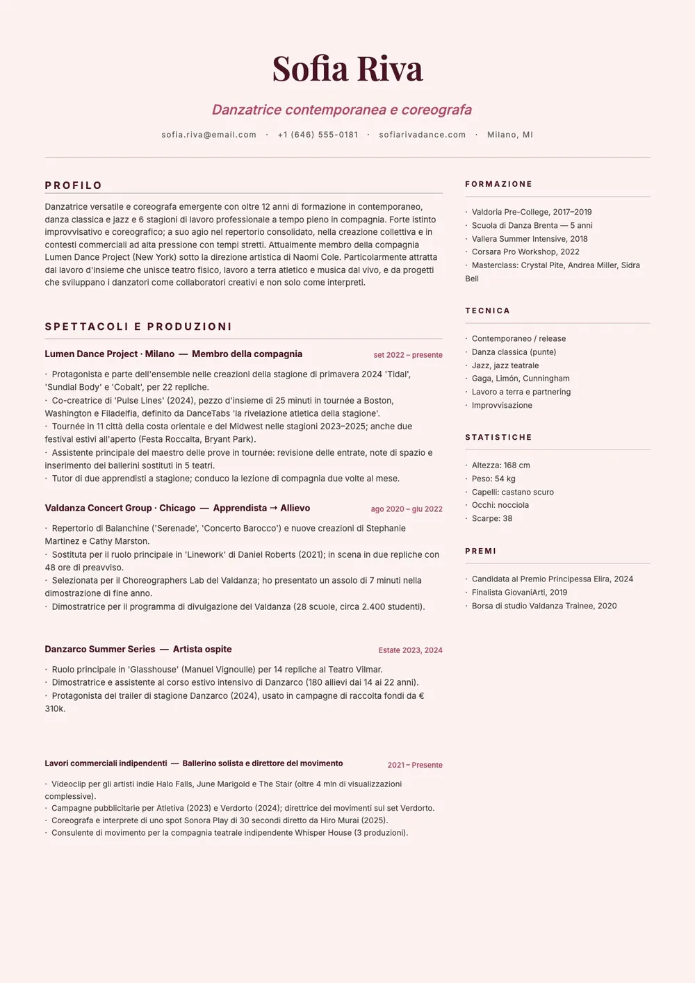 Modello di curriculum per ballerini